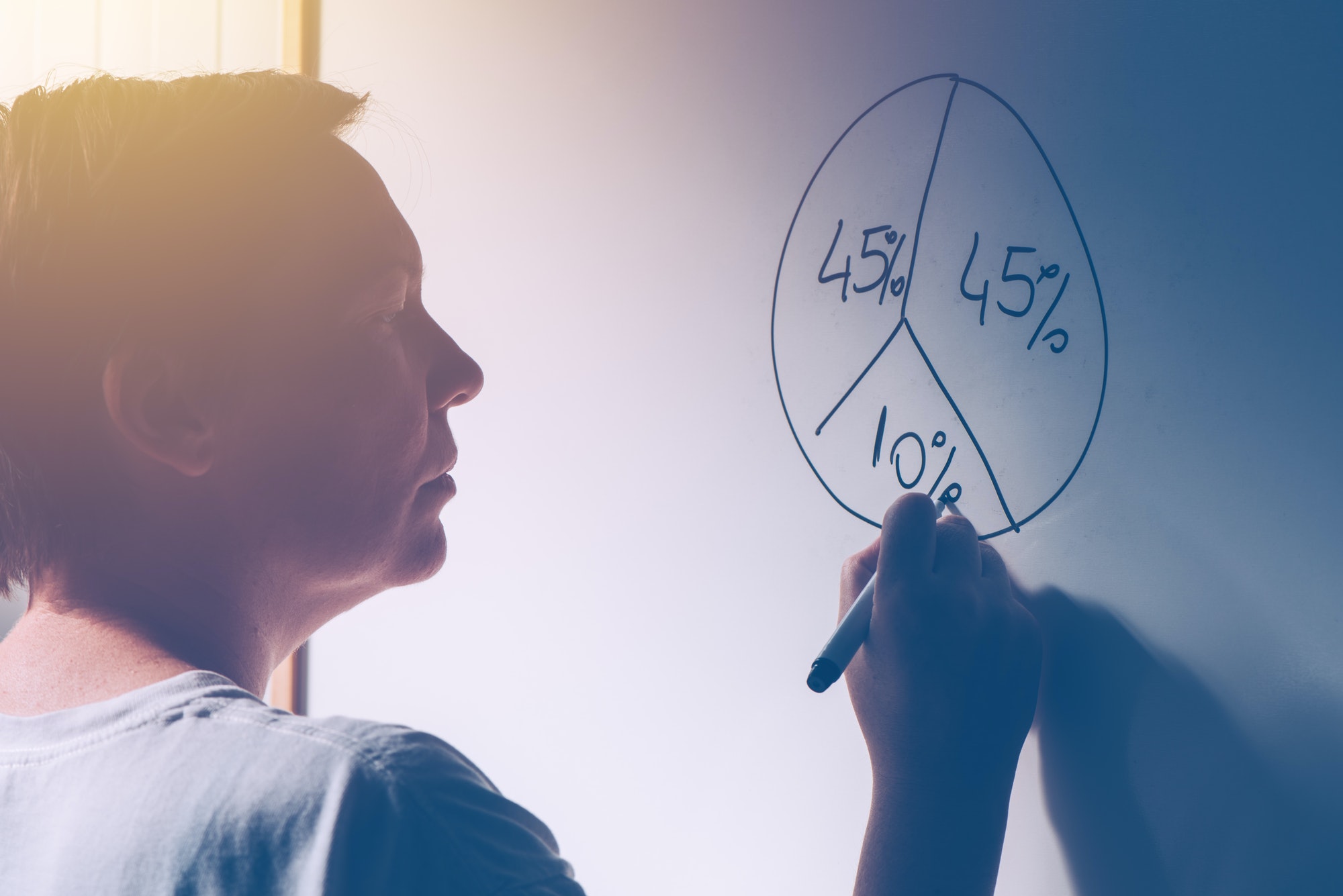 Businesswoman drawing pie chart on office whiteboard