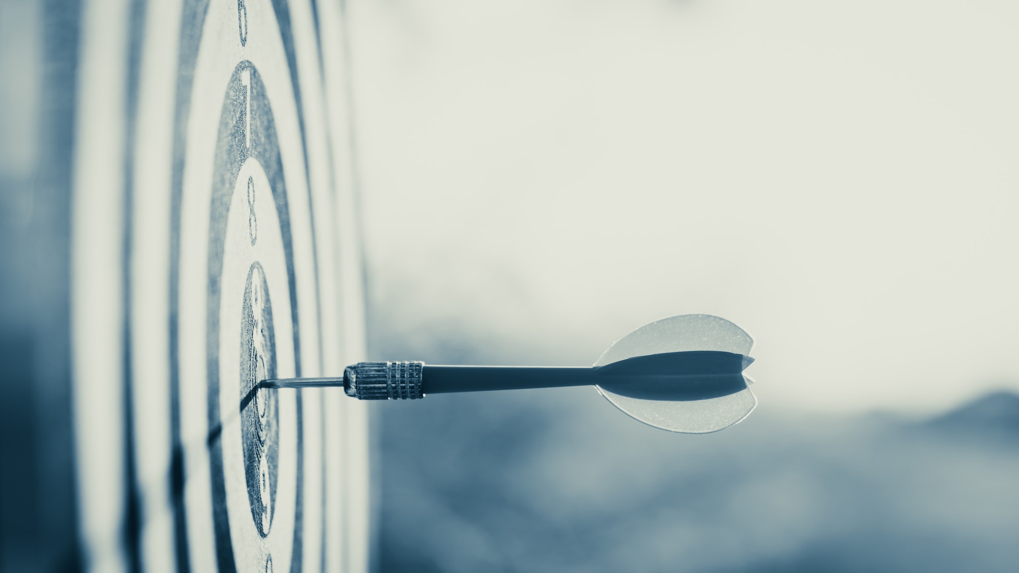 Close up red dart arrow hitting target center dartboard on sunset background. Business targeting and